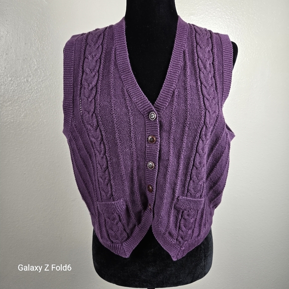 Ashley By 26 International Sweaters - Ashley Hill Purple Cable Knit Sweater Vest Size L Ramie Cotton Vintage 80s